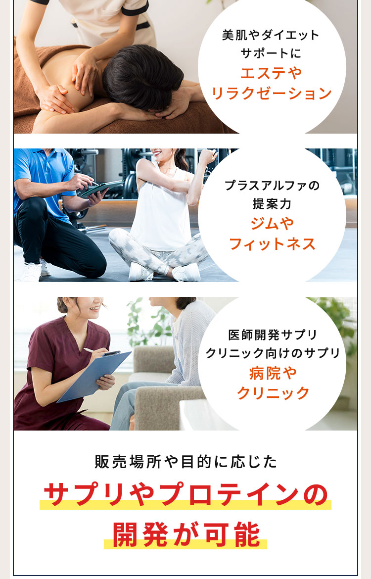 販売場所や目的に応じたサプリやプロテインの開発が可能