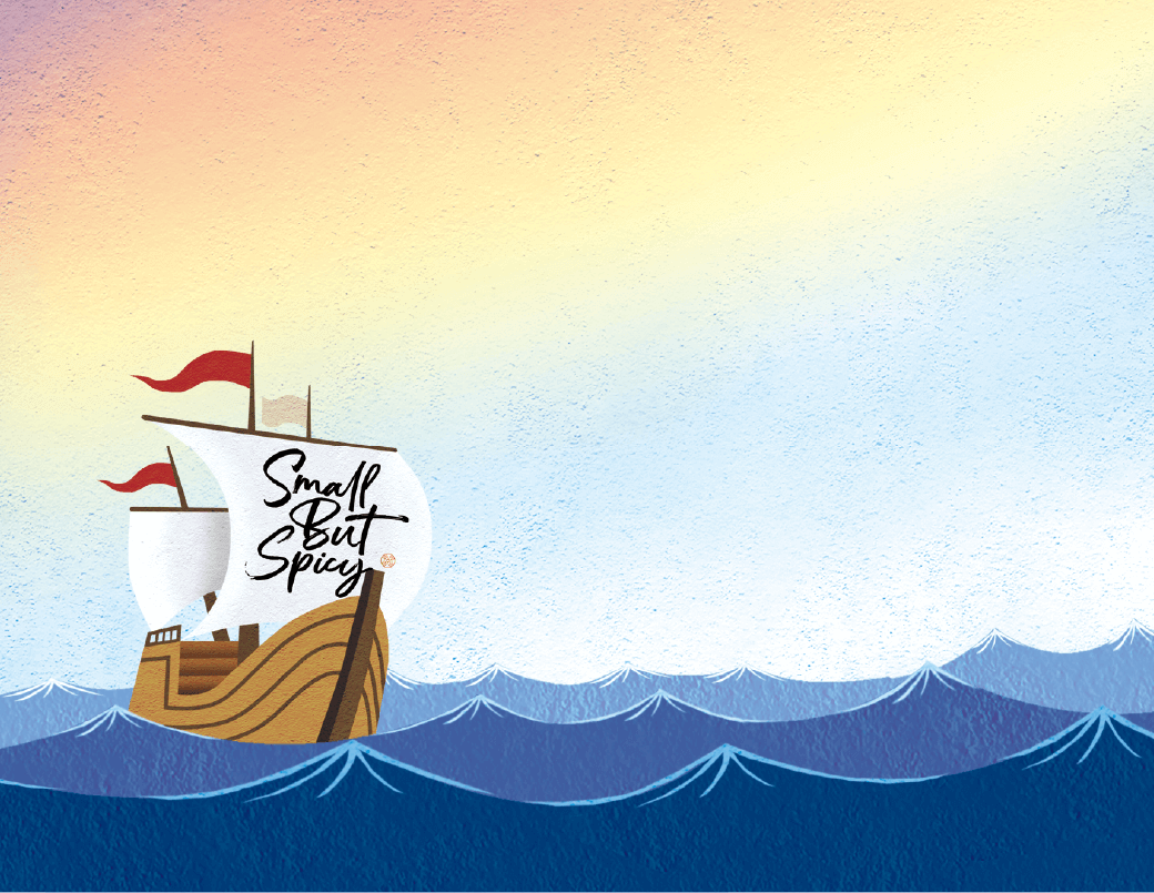 イラスト：虹色の空、海の上に、「Small But Spicy」という旗を掲げた船が浮かんでいる様子。